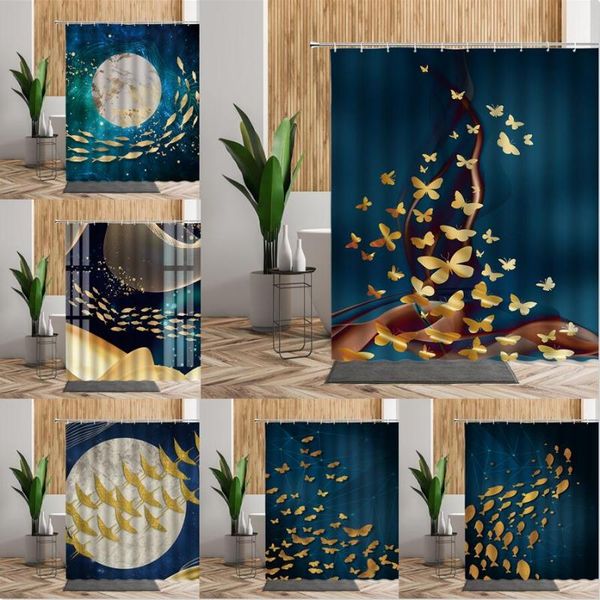 

shower curtains gold abstract art curtain for bathroom decor butterfly birds fish moon bath fabric waterproof 3d living room set