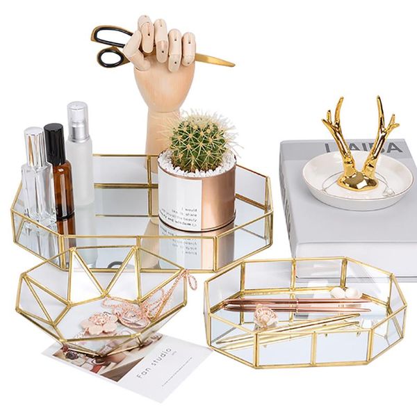 

glass geometry cosmetic storage tray retro jewelry decoration organizer holder necklace fruit and dessert plate boxes & bins