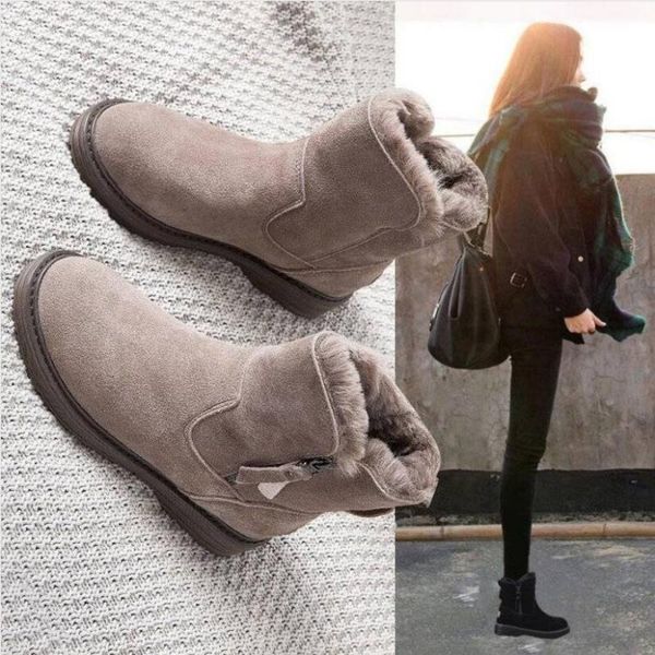 

short snow boots 2021 women's winter shoes fashion cashmere velvet female ankle nubuck flock side zip black khak