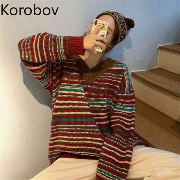 

korobov new arrival v neck women pullovers korean hit color patchwork knitted female sweaters vintage striped streetwear 210430, White;black
