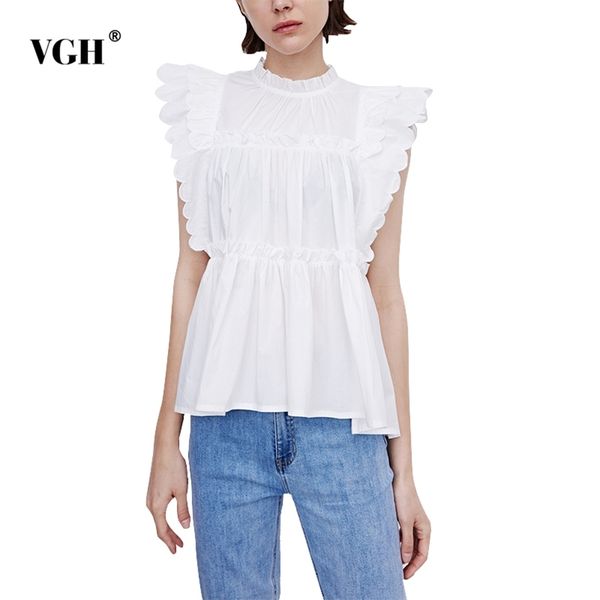 

white elegant drawstring shirts for women stand collar sleeveless casual slim blouses female summer fashion clothes 210531