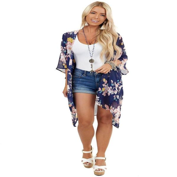 

women's blouses & shirts 2021 europe and america summer chiffon print cardigan holiday wear loose size long beach blouse, White
