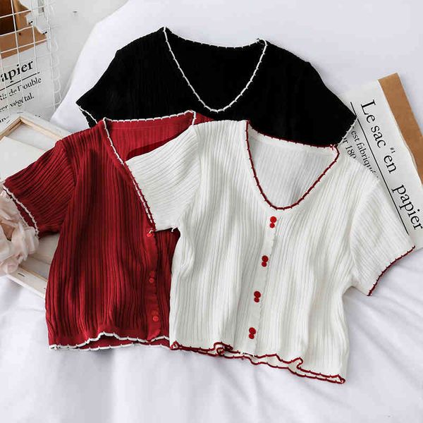 

t-shirts women knitted cute crop tees female buttoned up v-neck solid short sleeve casual summer t-shirts for women 210426, White