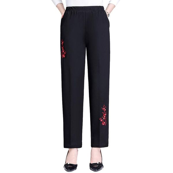

women's pants & capris mom casual spring autumn elastic waist trousers female winter loose embroidery print thick plus size straight wo, Black;white
