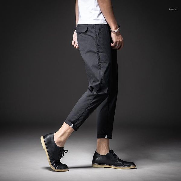 

men's pants casual spring and summer fashion trend comfortable breathable elastic thin tooling small leg capris, Black