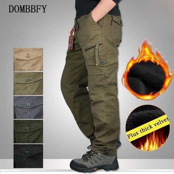 

men's pants winter thick warm fleece cargo double layer overalls casual baggy cotton rip-strousers military tactical, Black