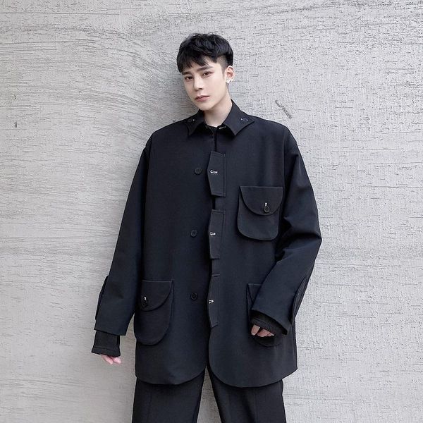 

men's suits & blazers men vintage streetwear fashion loose casual suit coat chinese collar multi-pocket dark black blazer jacket man, White;black