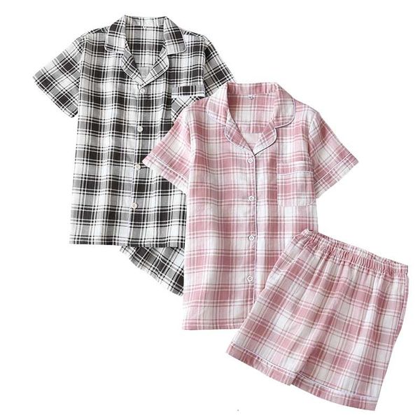 

women's sleepwear men and women lovers pajamas set comfort gauze cotton plaid summer new loose short sleeve couples homewear mtbg, Black;red