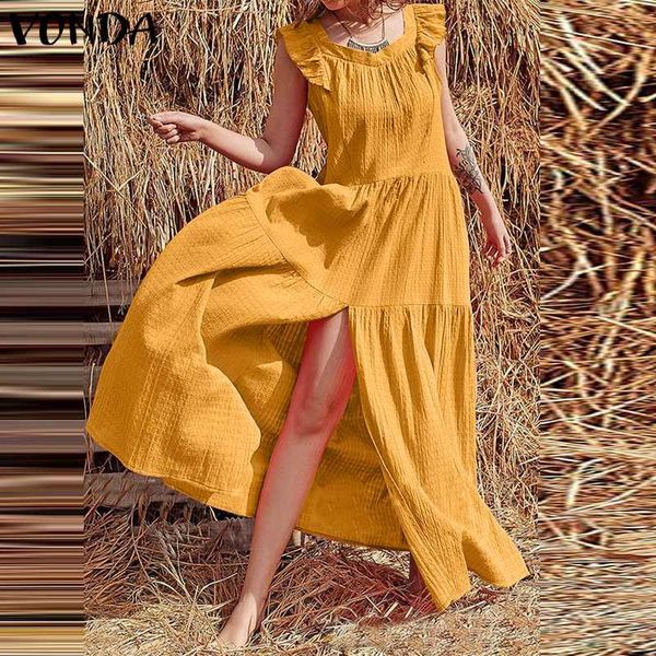 

casual dresses vonda long maxi dress women sleeveless holiday pleated ruffled cuff prom tank bohemian vestidos plus size robe, Black;gray