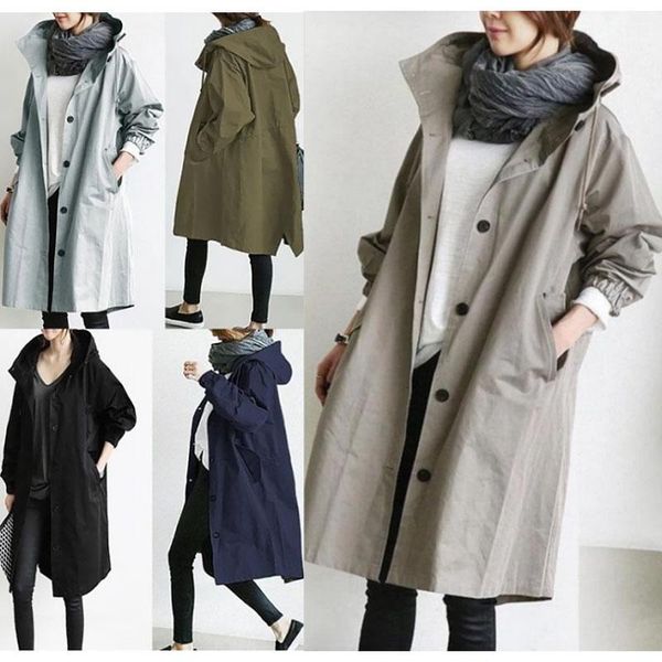 

women's trench coats fashion coat female autumn casual long sleeve hooded medium overcoat loose windbreaker spring plus size, Tan;black