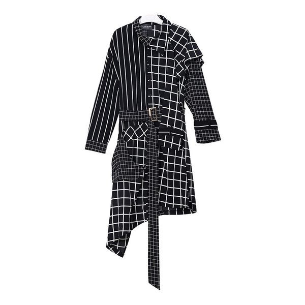 

fall new women's dress asymmetrical full office lady slimming personality and irregular plaid shirt long sleeve dresses 210421, Black;gray