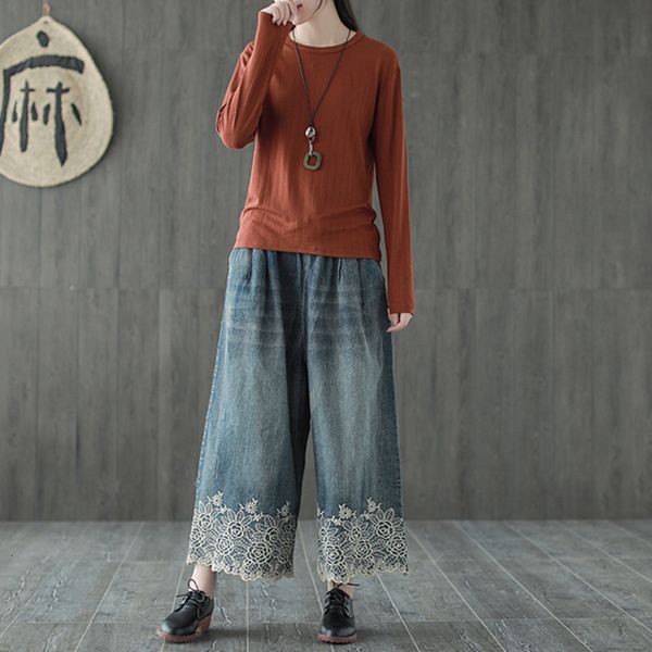 

autumn elastic waist tie jeans solid color patchwork embroidery pockets loose casual full length women pants, Blue