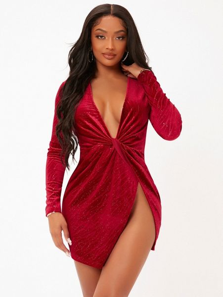 

sxy plunging neck twist front wrap hem velvet dress m8ya#, Black;gray