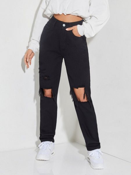

petite high waist cutout raw trim jeans p0ef#, Blue