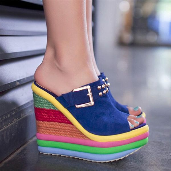 

summer bohemia casual rainbow peep toe platform sandals for womens wedges sandalias plataforma shoes high y5263, Black