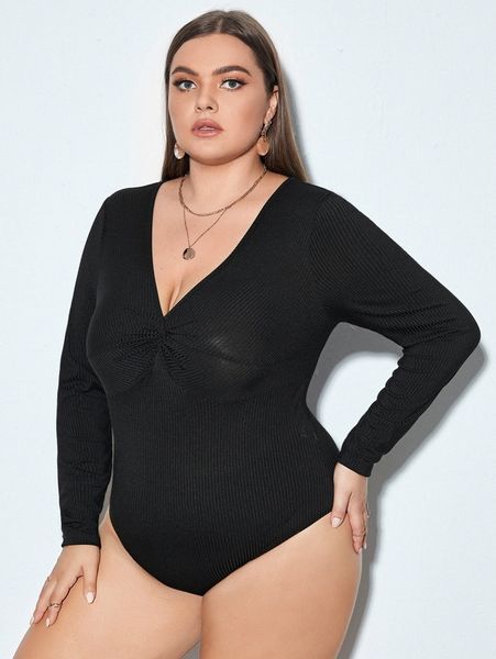 

plus solid v neck slim tee bodysuit 29sc#, Black