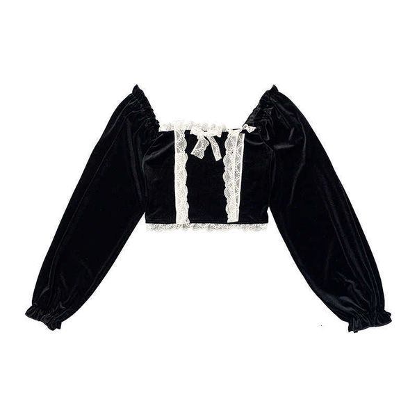 

women's knits & tees gothic vintage style black velvet blouse women lolita girls shirts female korean fashion elegant lace long sl, White