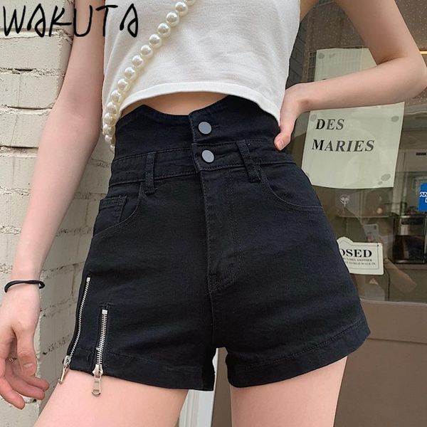 

women's shorts wakuta jeans women 2021 summer korean trendy irregular high waist black casual chic zippers denim streetwear, White;black
