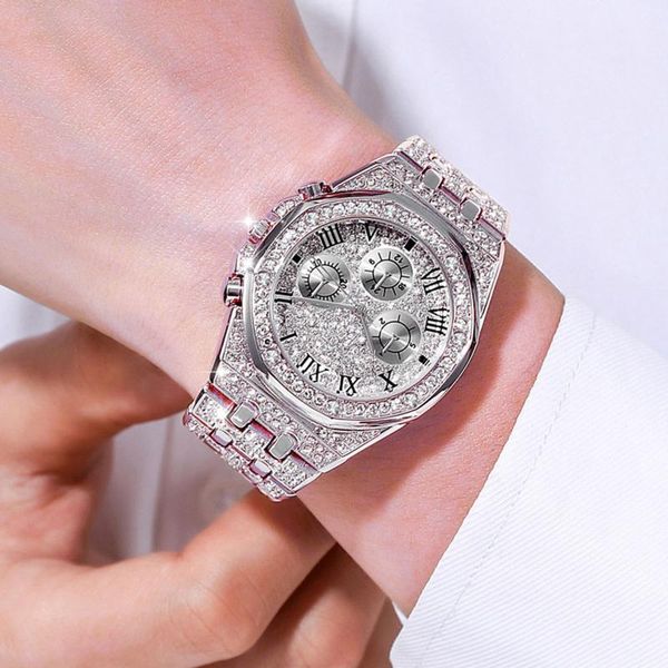 

wristwatches men's luxury diamond watch quartz watches stainless steel strap casual montre homme elegant, Slivery;brown