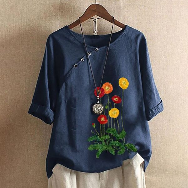 

women's blouses & shirts women blouse plus size casual o-neck floral printed short sleeve loose button tunic shirt summer elegant blus, White