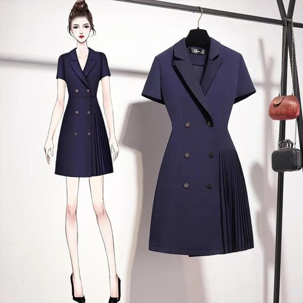

elegant pleated slim suit office women dresses business short sleeve mini casual double breasted blazer, Black;gray
