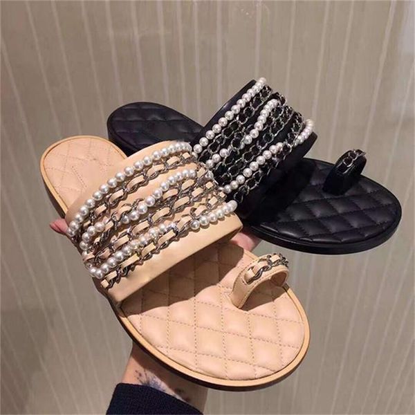 

slippers pearls summer metal chain open toe rhombus leather outside slip on soft flat slides beach shoe casual woman flop, Black