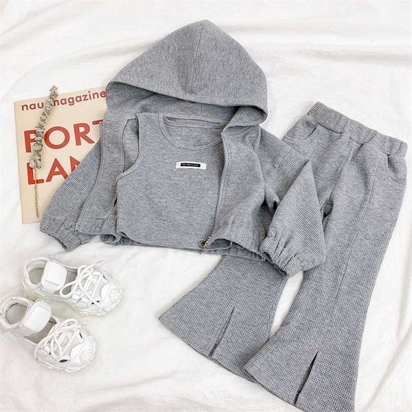 

Toddler Girl Sport Clothing Set Autumn Hodded Jacket Crop Top Pants Children Highj Quality Kids Wholesale 211025, Gray