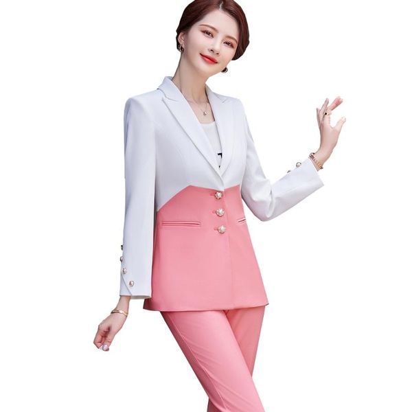

women's two piece pants elegant spring autumn blue pink blazer jacket and pant suit women ladies female formal office work business 2 s, White