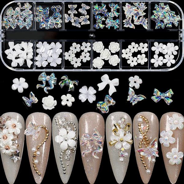 

nail art decorations 60pcs mixed 3d white flower rhinestones charms aurora butterfly bear bowknot ruched ribbon design decoration kit, Silver;gold