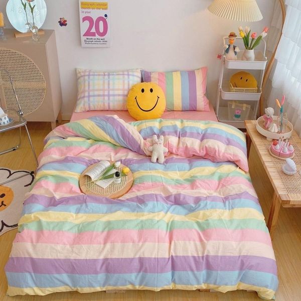 

bedding sets kawaii fashion rainbow set 100% cotton flat sheet pillowcases candy luxury korean style princess full  sets 97jf act7