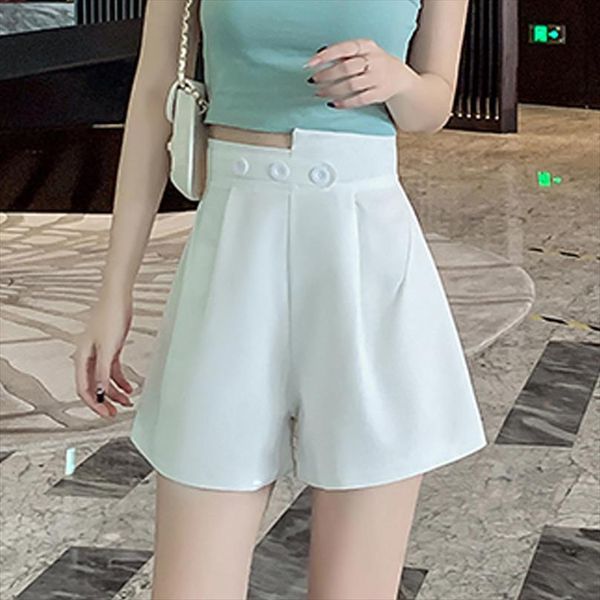 

solid summer casual loose drape womens short slim bermuds chic high waist wide leg suit button plus size k1498, White;black