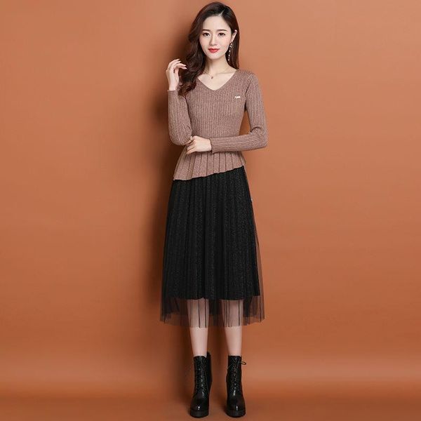 

casual dresses women 2021 autumn winter mesh patchwork knitted dress female v neck long sleeve sweater elegant slim vestido d139, Black;gray