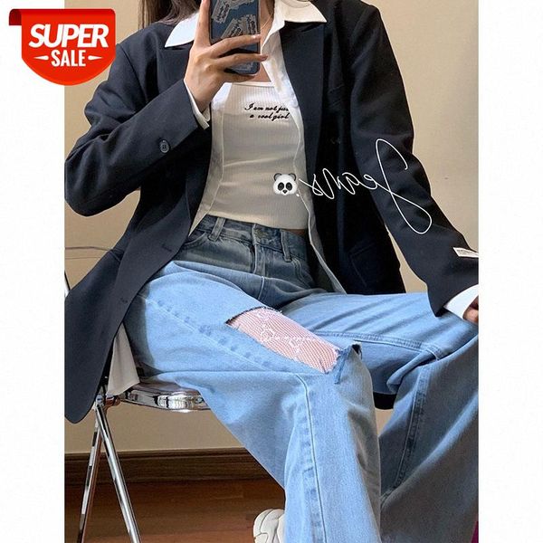 

net celebrity with light blue straight jeans holes #g49d, Black;white