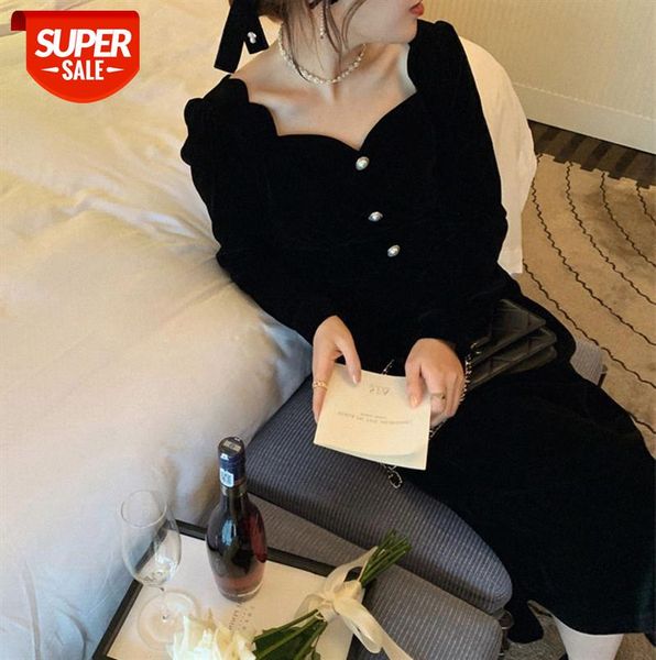 

french hepburn style waist thinner annual meeting skirt petal collar black velvet dress female new #qb8e, Black;gray