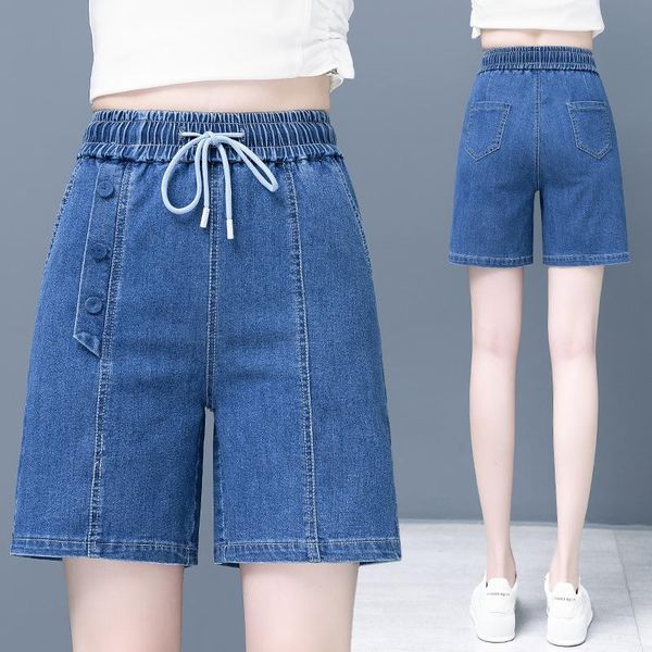 

women's jeans fashion summer women mid waist straight-leg loose shorts pant girl knee length thin casual tencel denim five point trouse, Blue