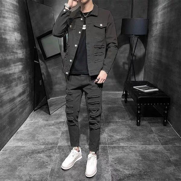 

men's tracksuits fashion mens casual two piece cargo denim sets punk hole ripped jackets ankle length slim fit jeans biker cowboy match, Gray