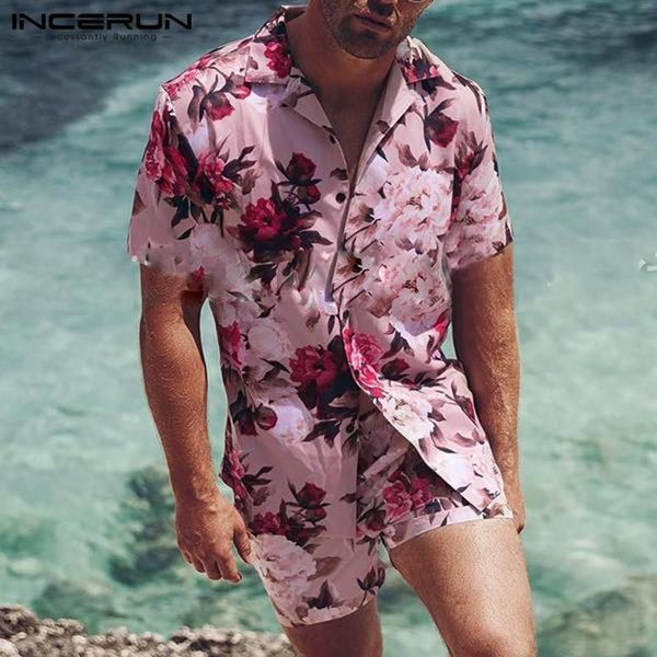 

men's tracksuits incerun men print summer sets short sleeve lapel shirts drawstring shorts suits fashion hawaiian floral 2 pieces man 5, Gray