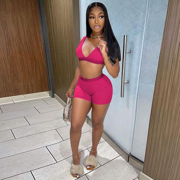 

women's tracksuits bra bikini set deep v-neck sleeveless crop biker shorts two piece sets beach swimwear summer fitness matching 2, Gray