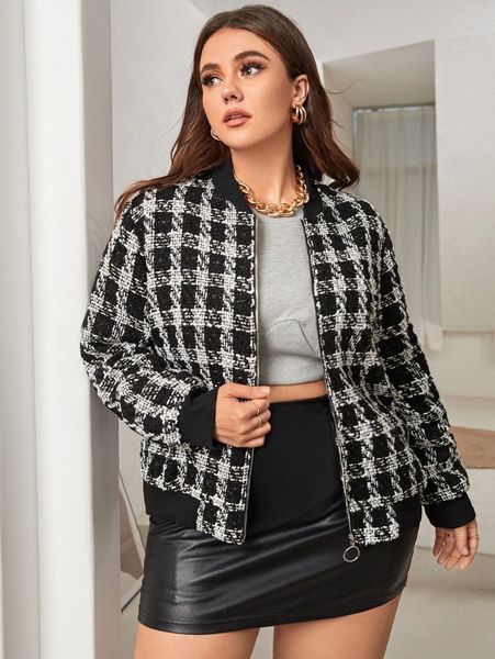 

plus plaid tweed bomber jacket a8li#, Black