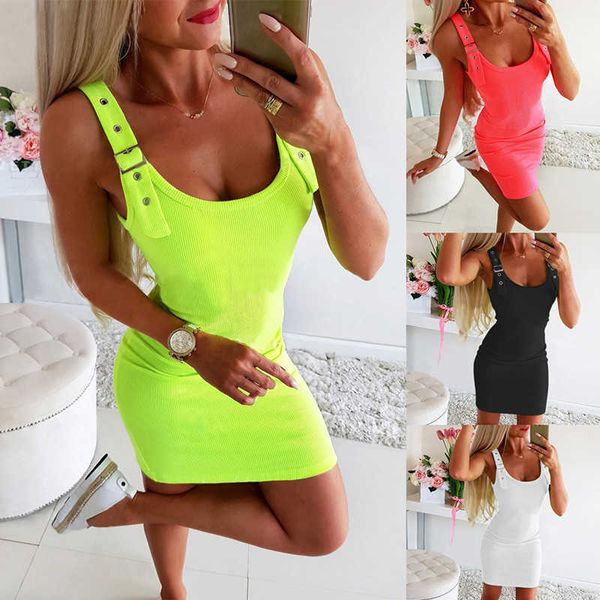 Mini abito rosa neon Donna Estate a costine in maglia Sling Collo quadrato Senza maniche Canotta solida Sexy Lady Party Club Aderente es 210526