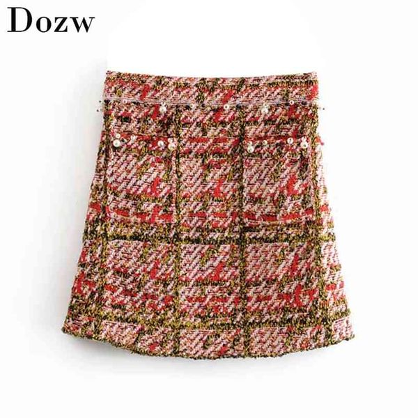 

women elegant chic a-line plaid mini skirt stylish pearl decorate knitted pocket high waist ladies vintage s 210515, Black