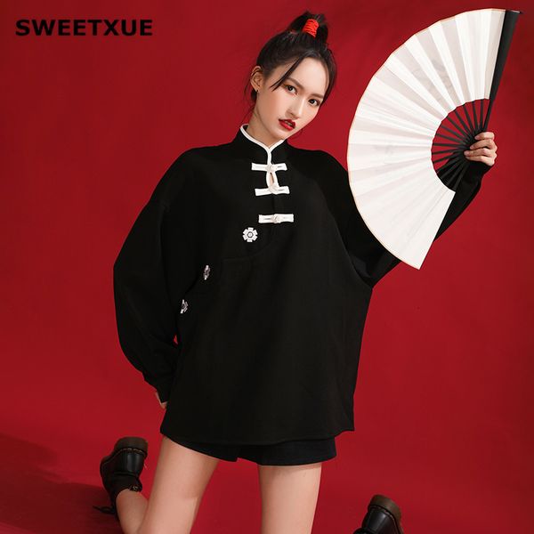 

women's hoodies & sweatshirts sweetxue fashion women sweatshirt oversized loose autumn winter preppy style flower embroidery outwear ch, Black