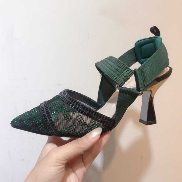 

summer women shoes mesh crystal med heels sandals pointed toe slip on solid zapatos de mujer dress, Black