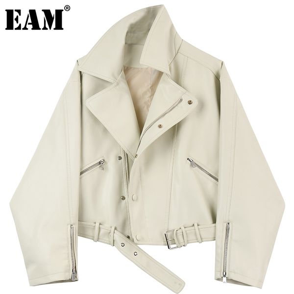 

eam] black zipper pockets fit pu leather short big size jacket lapel long sleeve women coat fashion spring autumn 210512
