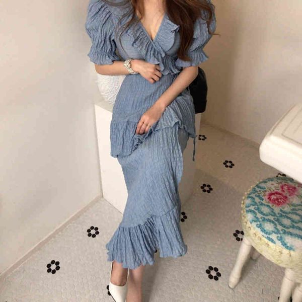 

women's korean-style retro chic ruffled patchwork v-neck pleated lace-up waist hugging slim puff sleeve fishtail dress women 210421, Black;gray