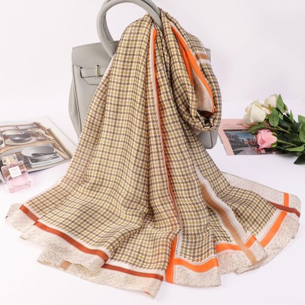 

scarves 2021 lady luxury 180x90cm shawls summer sunscreen silk classic lattice dustproof handkerchief fashion print beach towel, Blue;gray