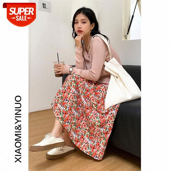 

[ou fan] 7885 floral skirt women's half-length mid-length skirt, high waist and thin a-line #xb2s, Black;gray
