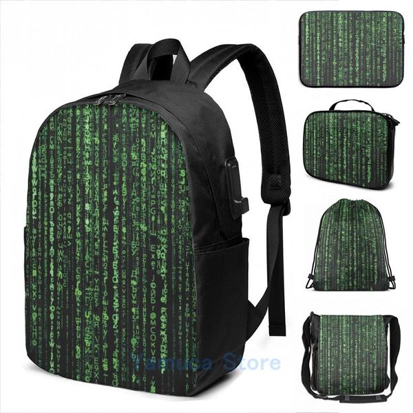 

backpack funny graphic print matrix green code secret password usb charge men school bags women bag travel laptop