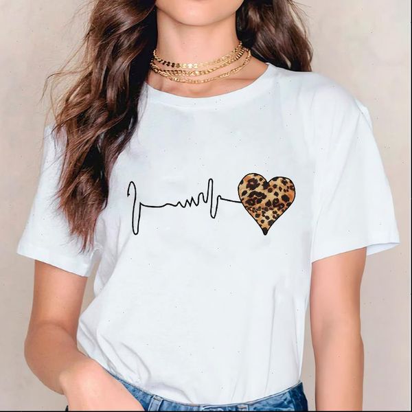 

women t shirt heartbeat love leopard printt womens ladies valentine graphic clothes tshirts female tee clothing, White