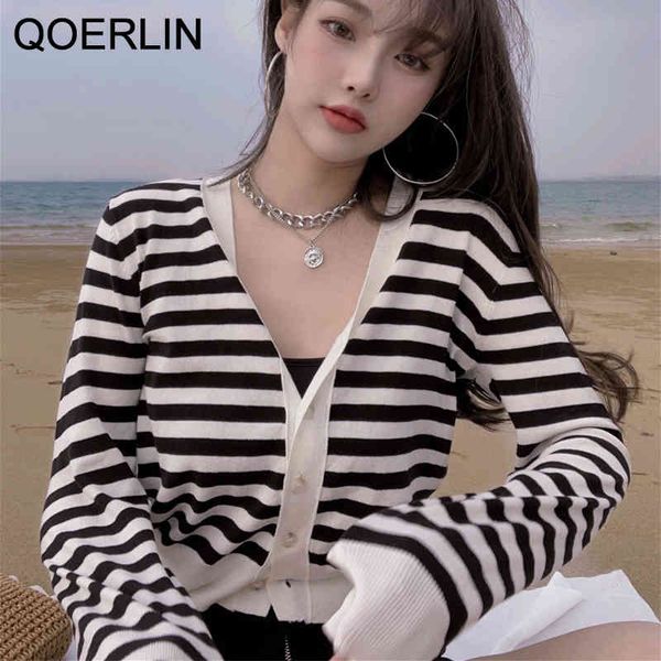 

qoerlin girly sweet short sweater contrast stripe black white deep v-neck stretch knitted cardigan slim short cropped jumper 210416, White;black